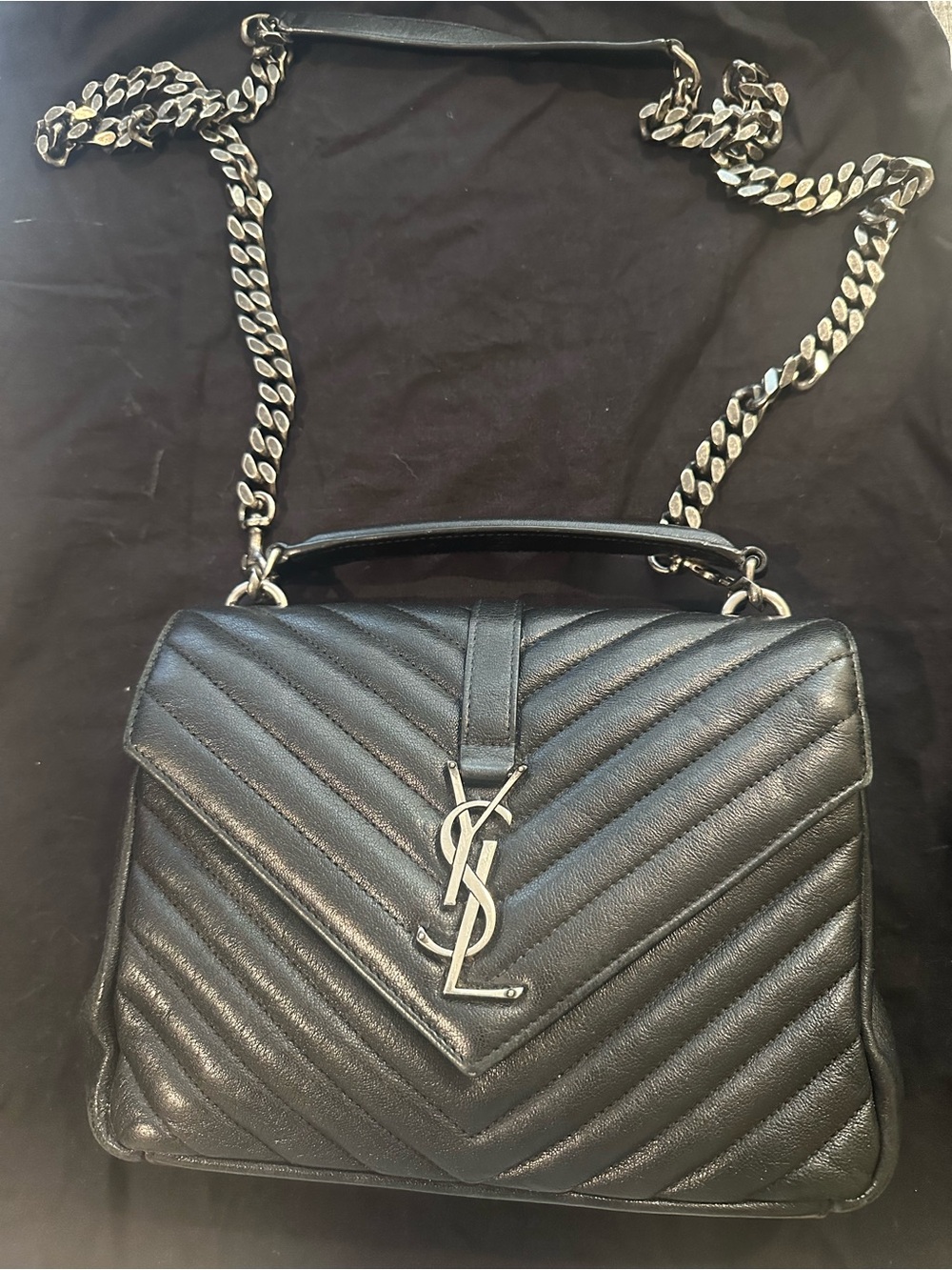 Saint Laurent Black Quilted Leather Satchel with Chain Strap